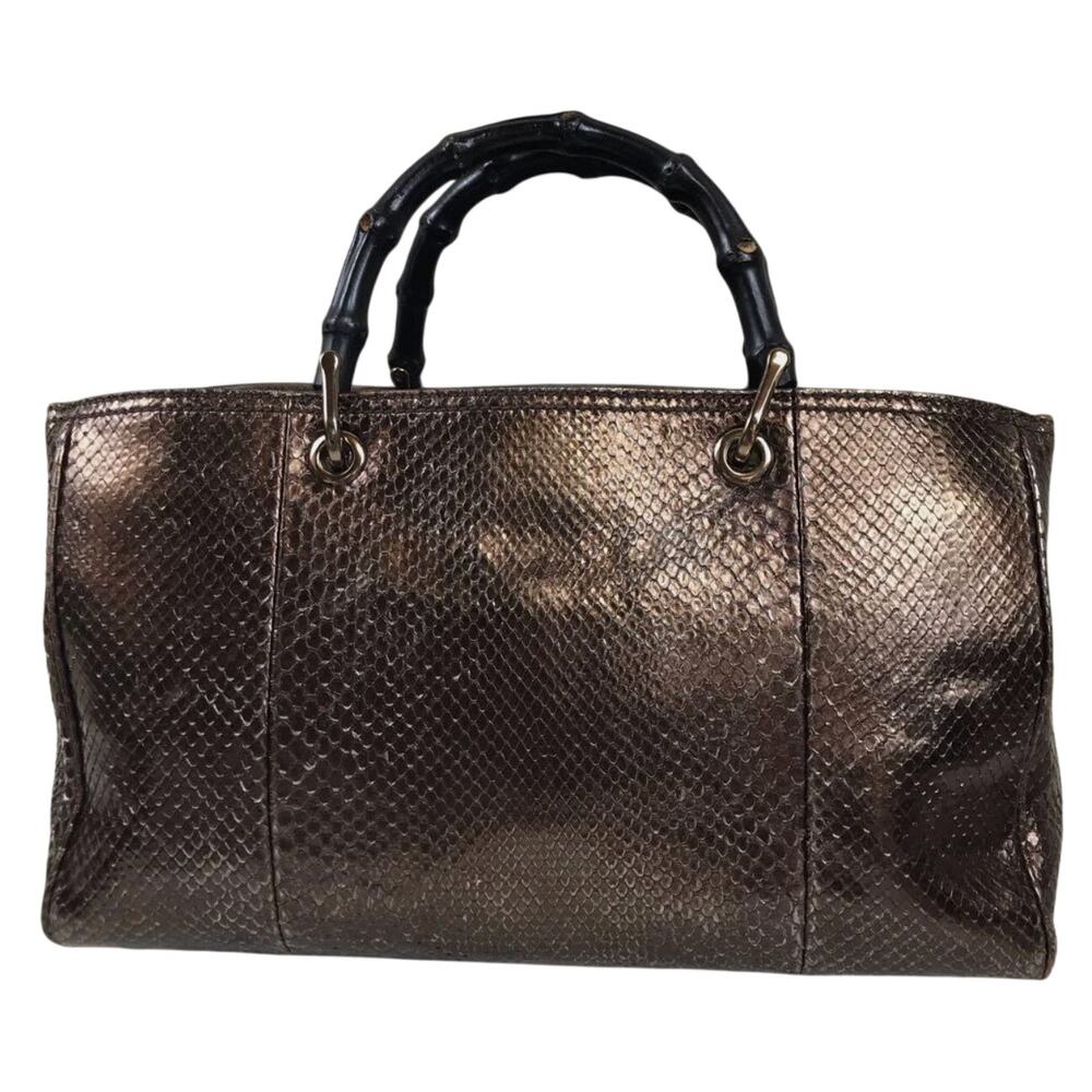 Gucci Bamboo Shopper Tote Bag Bronze-Toned Python Skin Black Bamboo Handle EUC - Picture 2 of 14